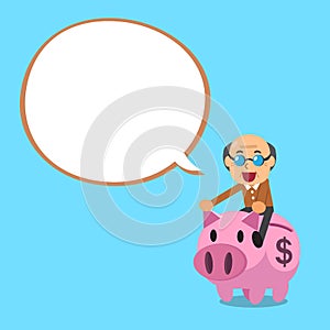 Senior man riding pink piggy bank with white speech bubble