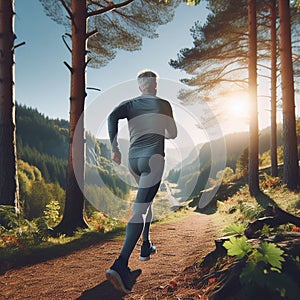 Senior man runner on sunny day in forest landscape