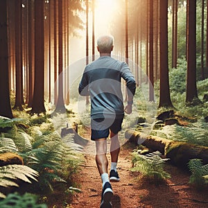 Senior man runner on sunny day in forest landscape