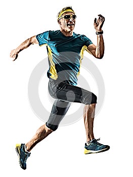 Senior man running runner jogger jogging silhouette isolated wh