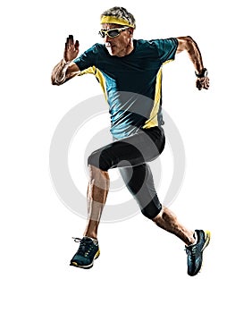 Senior man running runner jogger jogging silhouette isolated white background