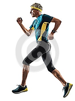 Senior man running runner jogger jogging silhouette isolated white background