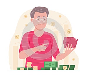 Senior Man Saving Money with Piggy Bank for Financial Concept Illustration