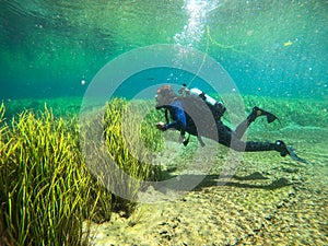 A senior man scuba diving in Rainbow River in Dunnellon, Florida