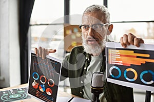 Middle aged man hosts a virtual