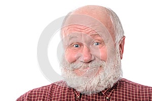 Senior man shows surprised smile facial expression, isolated on white