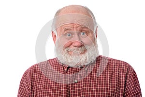 Senior man shows surprised smile facial expression, isolated on white