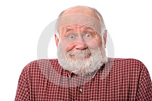 Senior man shows surprised smile facial expression, isolated on white