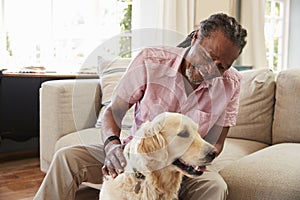 Senior Man Sitting On Sofa At Home With Pet Labrador Dog photo