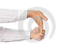 Senior man stretch his hands and wrists decrease the chance of injury , Carpal tunnel and office syndrome photo