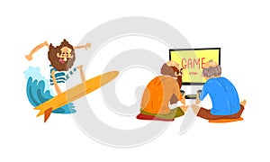 Senior Man Surfboarding Riding Wave and Playing Video Game with Gamepad Vector Set