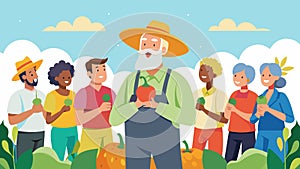 A senior man in suspenders and a straw hat leads the group of retirees in a song as they tend to their summer squash and photo