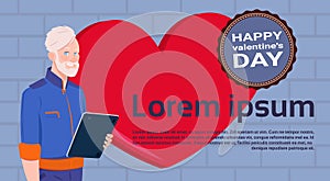 Senior Man With Tablet Computer Over Red Heart Template Background With Happy Valentines Day Label