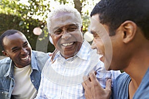 Senior man talking with his adult sons in garden, close up