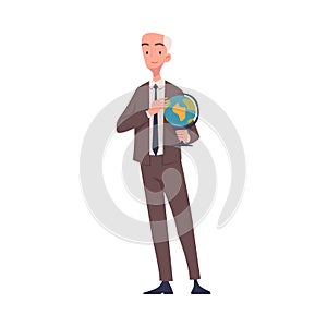 Senior Man Teacher Character Standing with Globe and Teaching Vector Illustration