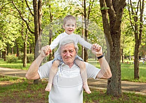Senior man with a toddler boy spending time in nature in summer