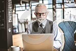 Senior man using laptop.