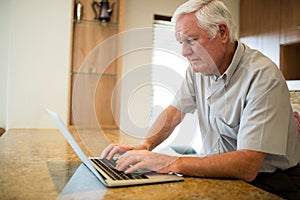 Senior man using laptop in the kitchen