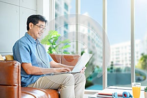 Senior man using laptop sitting on bench in outdoor garden. Caucasian man. Happy laughing mood