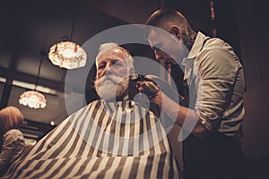 Senior man visiting hairstylist in barber shop.