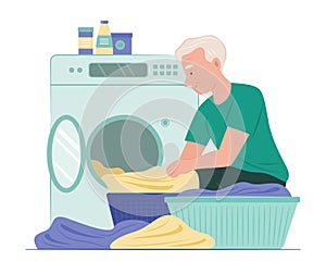 Senior Man Washing Clothes with Washing Machine