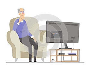 Senior man watching TV - flat design style illustration