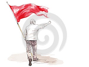 senior man waving a red flag in hand-drawn style