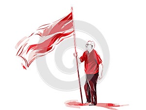 senior man waving a red flag in hand-drawn style