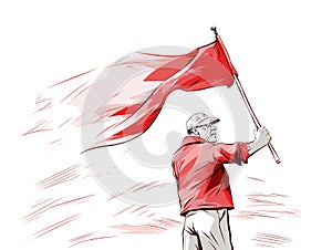 senior man waving a red flag in hand-drawn style