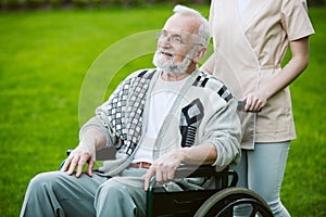 Senior man on the wheelchair in the garden