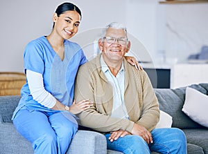 Senior man, woman caregiver and portrait with retirement, health and wellness in nursing home. Happy people, female