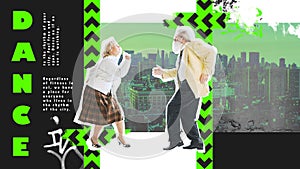 Senior man and woman dancing over city photo background. Dance club event, invitation. Contemporary art collage. Poster