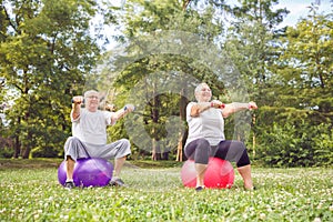 Senior man and woman doing fitness exercises on fitness ball in