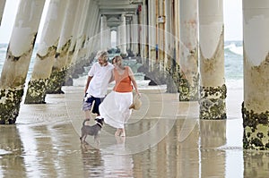 Senior man and woman enjoying a romantic relaxing holiday at beach with pet dog