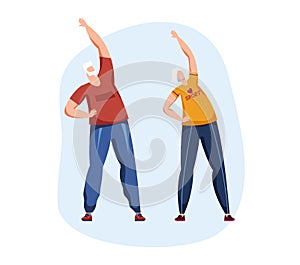 Senior man and woman exercising together, wearing casual sportswear, doing stretching workout. Active elderly couple