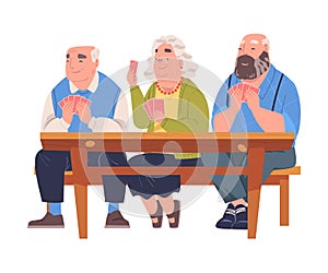 Senior Man and Woman Friends Playing Cards Game Sitting on Bench at Table Vector Illustration