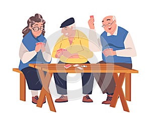 Senior Man and Woman Friends Playing Cards Game Sitting on Bench at Table Vector Illustration