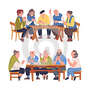 Senior Man and Woman Friends Playing Cards Game Sitting on Bench at Table Vector Set