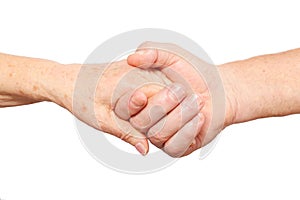 Senior man, woman handshake