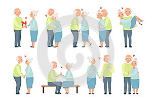 Senior man and woman having a good time together set, elderly romantic couple in love vector Illustrations on a white