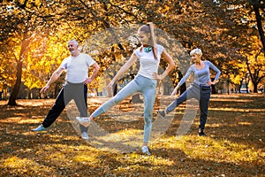 Senior man and woman and young female instructor workout on fresh air.