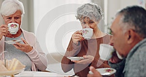 Senior man, women and drink at tea party, conversation and happy with care, listening and retirement in house. Elderly