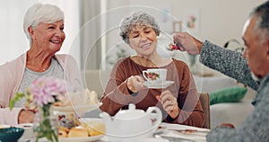 Senior man, women and pouring milk at tea party, helping hand and conversation with care, drink and retirement. Elderly