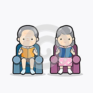 Senior man and women sitting on the sofa and reading a book  design vector