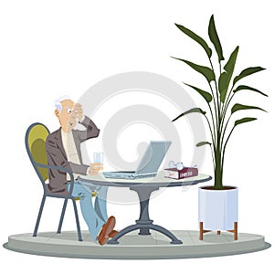 Senior man Work on Laptop. Retired People and Social Media Communication