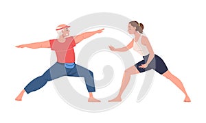 Senior Man and Young Woman Character Practicing Tai Chi and Qigong Exercise as Internal Chinese Martial Art Vector Set