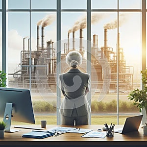 Senior manager woman stand up at office looking industrial plant