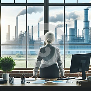 Senior manager woman stand up at office looking industrial plant