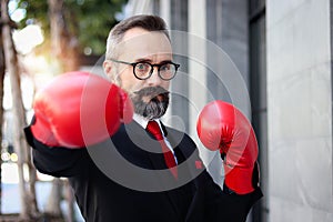 Senior mature businessman wearing red boxing gloves or mitt punch, metaphors about fight business for successful, elderly man