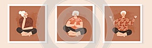 Senior mature lady doing yoga. Middle age woman in lotus pose. Happy elderly women doing exercises. Doing yoga together